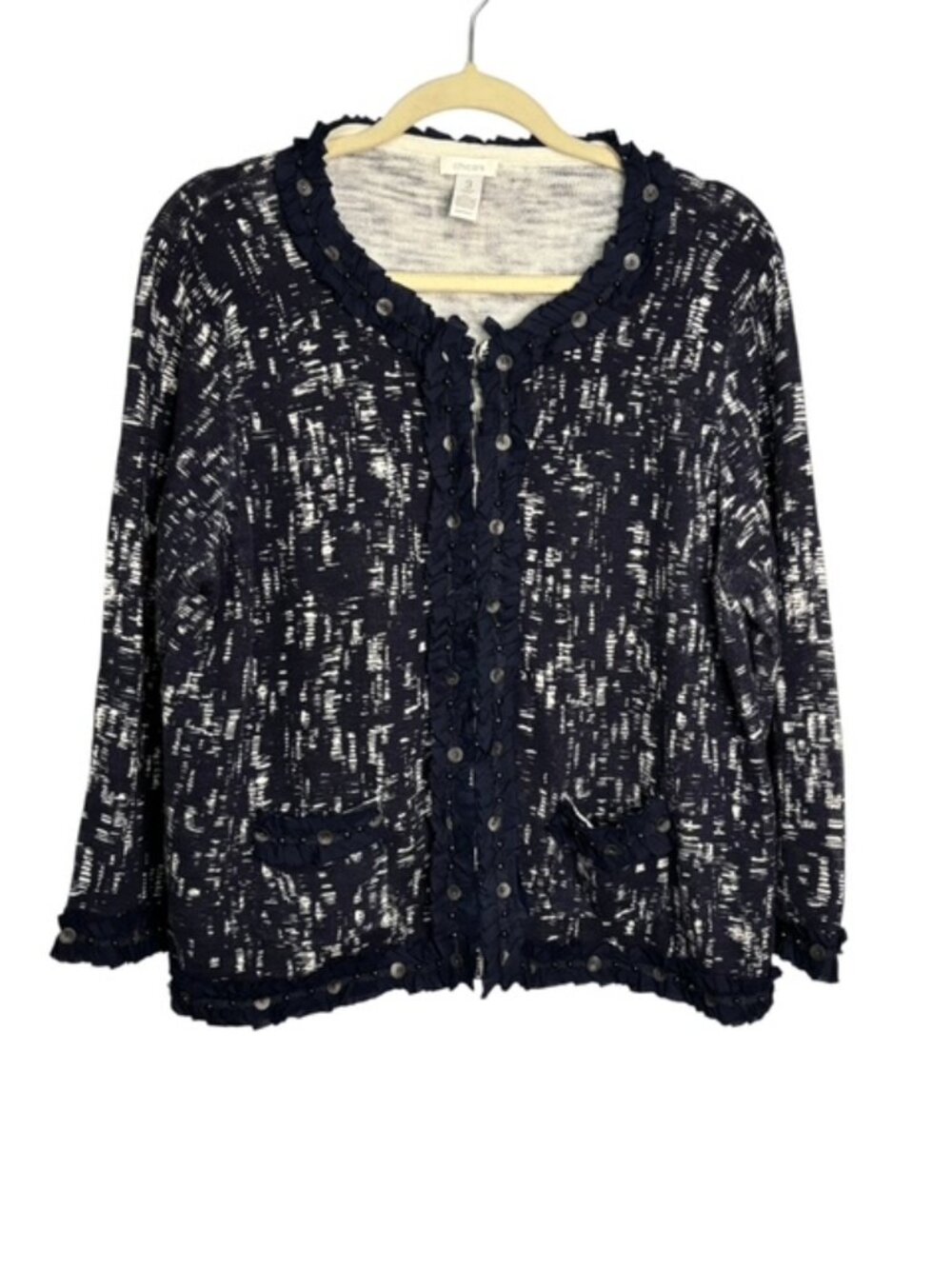 Chicos Sweater Women's XL Cardigan Button Down Ruffles Coastal Grandma Chico's 3